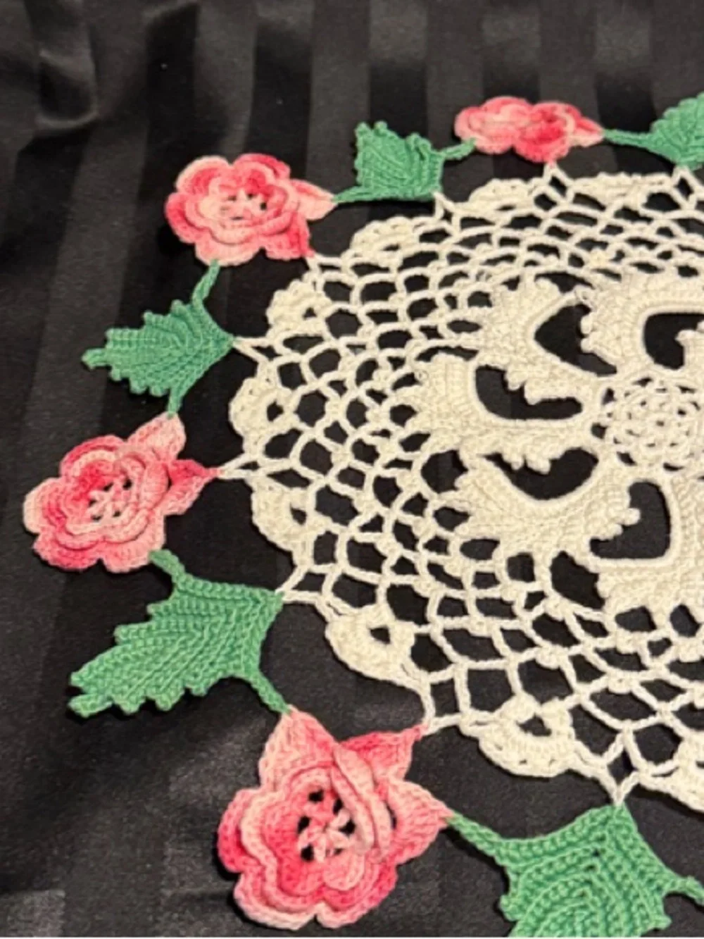 Handmade Irish Rose Crochet Doily with Multi-toned Pink Roses and Greenery